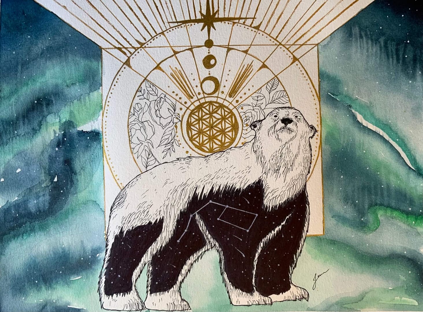 Oeuvre aquarelle d'un ours polaire avec fleur de vie et aurore boréale